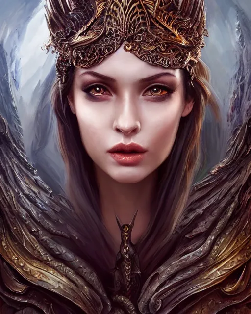 Prompt: a beautiful female dragon queen, 8 k, dark fantasy, hyperrealistic, perfect face, symmetrical, hyperdetailed, fantasy portrait by laura sava