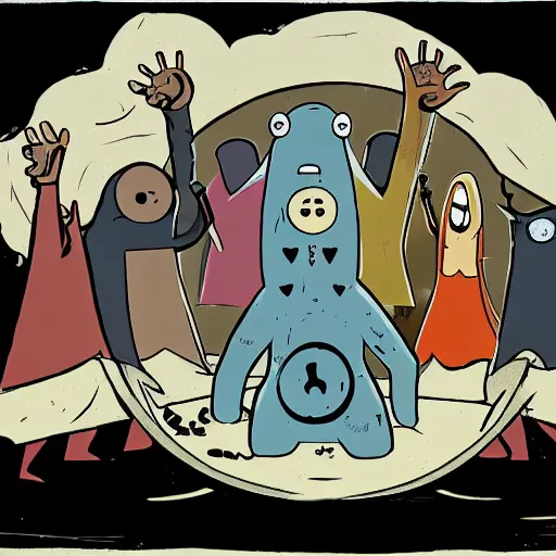 Image similar to a group of lovecraftian cultists in a circle performing a ritual in the style of adventure time