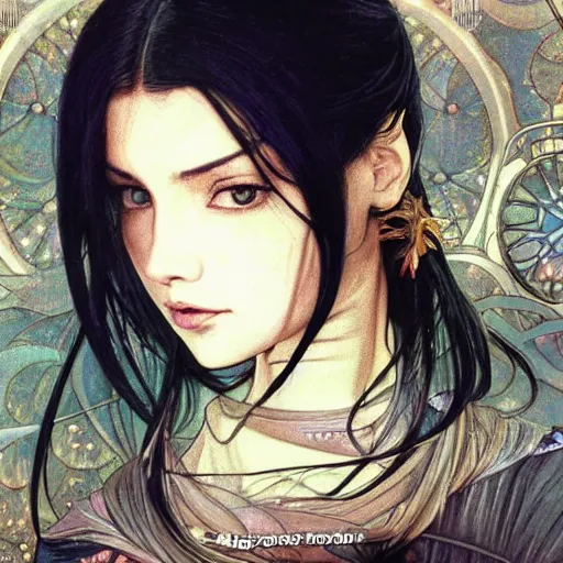 Image similar to portrait of a woman, long black hair, in front of a sci fi cityscape, by tetsuya nomura and annie swynnerton, makoto shinkai, alphonse mucha, detailed, cinematic, wide angle, dark sepia toned shading, luminescent eyes, detailed face, expressive eyes, blue fire everywhere, trending on artstation.