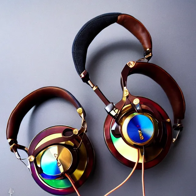 Image similar to masterpiece photo of beautiful hand crafted artistic metal headphones, bismuth rainbow metal, bismuth cups, plush leather pads, displayed on mahogany desk, modernist headphones, bismuth beautiful well designed, hyperrealistic, audiophile, intricate hyper detail, extreme high quality, photographic, audeze, sennheiser, raal, bang olufsen, abyssal