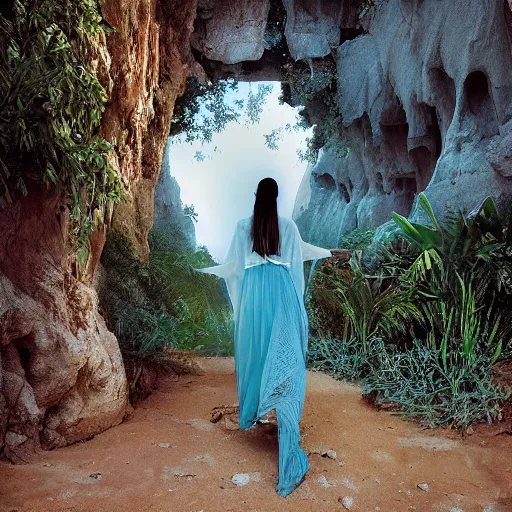 Prompt: beautiful bellidancer girl walks around Socotra among plants, flowers, trees and snags in a long transparent flowing dress and meets mystical animals, mystical insects, mystical birds, lizards, snakes, gorgeous, intricate, hypnotic dimensions, ruan jia, steve mccurry, Zdzislaw Beksinski style, sharp focus, intricate concept art, digital painting, ambient lighting, 4k, hdt, artstation trending on Gsociety, trending on ArtstationHQ, hyper quality, 16K