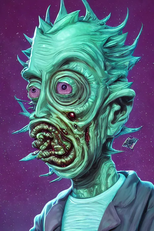 Prompt: rick and morty fused with a lovecraft fat space zombie with no eyes, dripping salvia, horror, photo, portrait, 3d, high details, intricate details, by vincent di fate, artgerm julie bell beeple, 90s, Smooth gradients, octane render, 8k, volumetric lightning, High contrast, duo tone, depth of field, very coherent symmetrical artwork