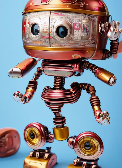 Prompt: closeup portrait of tin toy robot eating tin toy cakes, depth of field, zeiss lens, detailed, symmetrical, centered, fashion photoshoot, by nicoletta ceccoli, mark ryden, lostfish, breathtaking, 8 k resolution, extremely detailed, beautiful, establishing shot, artistic, hyperrealistic, octane render