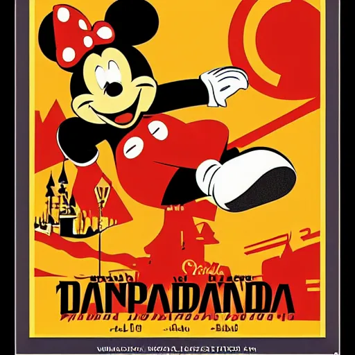 Image similar to Disneyland in the style of a 1930's soviet propganda poster, yellow, black, red, grainy, disneyland