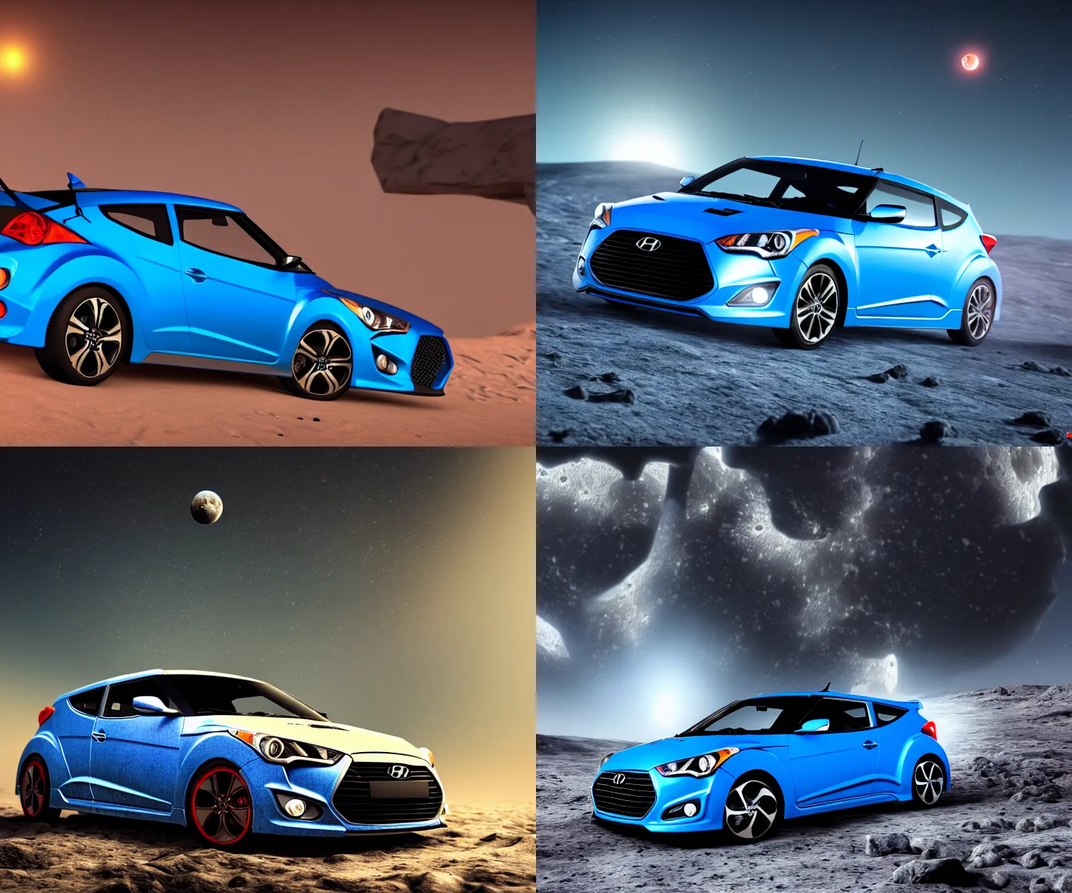 Prompt: 2 0 1 3 blue hyundai veloster on the moon, hyper realism, cinematic, volumetric lighting, epic composition, high detail, octane render, unreal engine, 8 k, vibrant colors, depth of field, professional photo, photorealistic, ray tracing, apocalyptic,