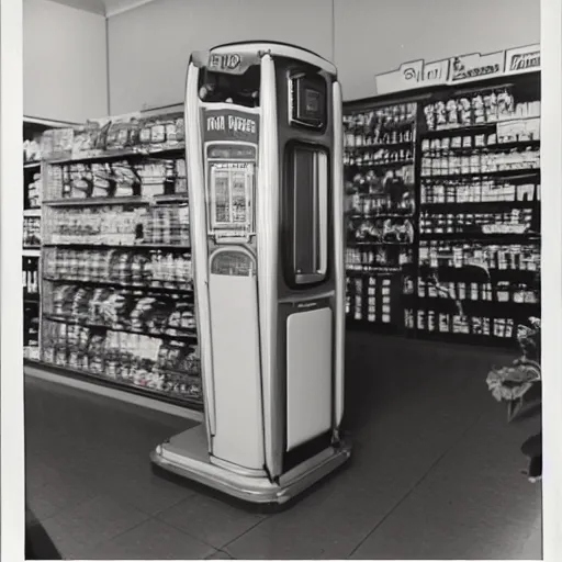 Image similar to Vintage Photograph of a futuristic time machine inside of a grocery store, shallow depth of field, awkward, out of place, polaroid 600 Color