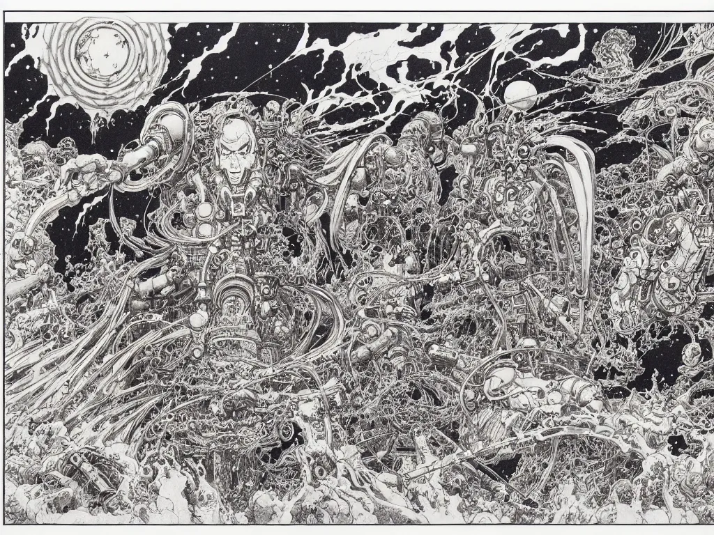 Prompt: scene with the main Character in center drawn by Katsuhiro Otomo, epic scenery with character in the center, on the sides alchemical artifacts and mysterious entities attributes and trinkets, clean ink detailed line drawing, intricate detail, manga 1990