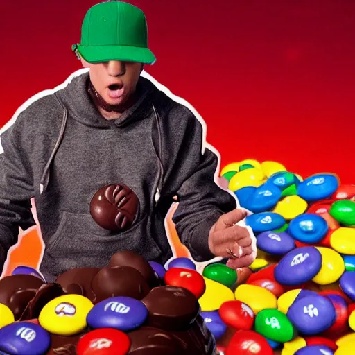 Prompt: still of an award - winning movie of a rapping chocolate m & m candy rapping on stage with eminem, hyperdetailed, hdr, studio lighting, studio quality effects, epic!!!!!! 4 k, 8 k
