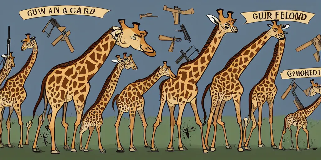 Image similar to giraffe army, guns and ammo, illustration, cartoon