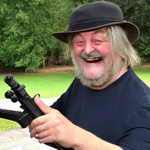 Image similar to robert wyatt laughing maniacally and pointing a gun directly at the camera