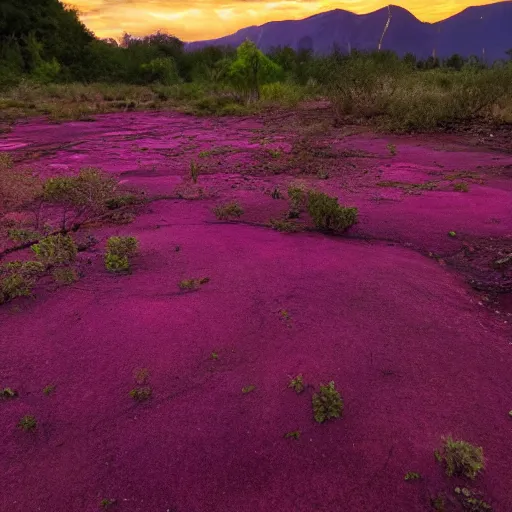 Image similar to the sky is a deep purple, with swirls of pink and orange. the ground is red and rocky, with strange plants growing in patches. there is a river of green liquid, and in the distance, you can see a mountain range.