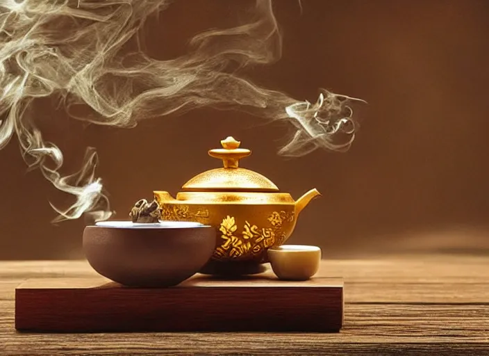 Prompt: ceremony of tea, geisha, genie emerging from old traditional japanese tea pot, two smoky cup of tea on a wood table, smoky autumn lightings, japanese garden detailed background, micro details, ( ( ( intricate ) gold details ) ), photorealism, crisp, hasselblad camera, by annie leibovitz