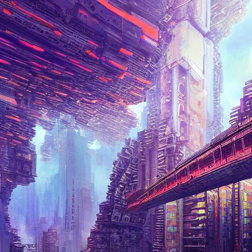 Image similar to Hyperdetailed render of A beautiful painting of Fractal abstract painting of psychedelic cyberpunk city in blue-purple-orange color scheme in I can't believe how detailed this is. by greg rutkowski, Trending on artstation Taro card, cubism brutalism architecture, Lava Canyons, magma burst, little crystals everywhere