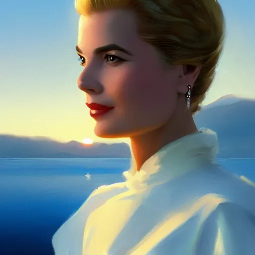 Image similar to a closeup portrait of a grace kelly, dramatic light, lake background, sunset, high contrast, sharp, painted by stanley lau, painted by greg rutkowski, painted by stanley artgerm, digital art, trending on artstation