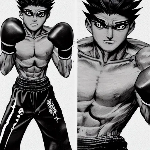 Image similar to demon boxing hero , short hair,worn pants,boxing glove made by Yusuke Murata,Tomohiro Shimoguchi, ArtStation, manga style,centered,highly detailed face,CGSociety