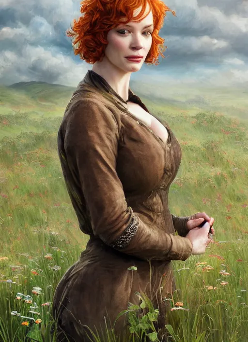 Image similar to Christina Hendricks taking a rest in a meadow after an long adventure, a ruggedly muscled handsome heroine, intricate, elegant, highly detailed, centered, digital painting, artstation, concept art, smooth, sharp focus, illustration, artgerm, donato giancola, Joseph Christian Leyendecker, WLOP, Artgerm, thunder storm