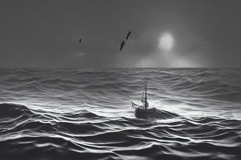 Prompt: a black and white photo of an ocean with a tiny ship in the waves, an album cover by hallsteinn sigurðsson, trending on behance, optical illusion, chillwave, concert poster, poster art