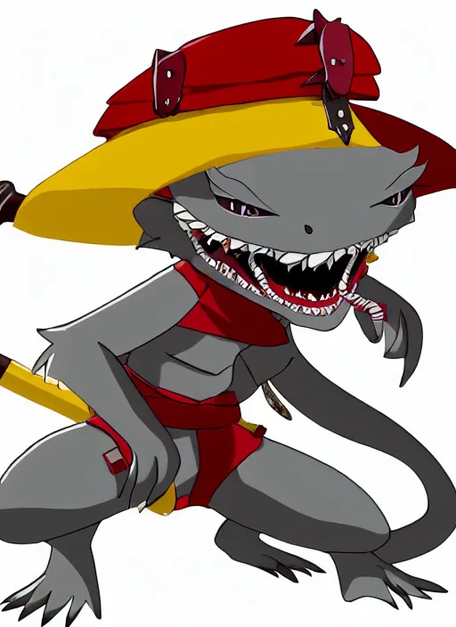 Image similar to anime grey and red kobold swashbuckler with yellow eyes and small wings, full body, anime style, anime