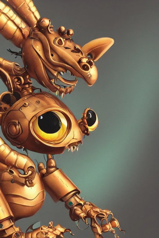 Image similar to a cute dragon robot, painted by wally wood and matt jefferies, trending on artstation, steam punk, bright macro view pixar, award - winning, blueprint, big eyes, ( ( ( copper ) ) ) wire whiskers, chillwave, realism