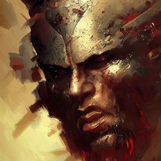 Prompt: Portrait painting of a barbarian warrior by greg rutkowski and Craig Mullins, Dark atmospheric and cinematic lighting