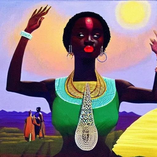 Prompt: an african queen activating her 3rd eye in a solarpunk village by karel thole, oil on canvas, 8k