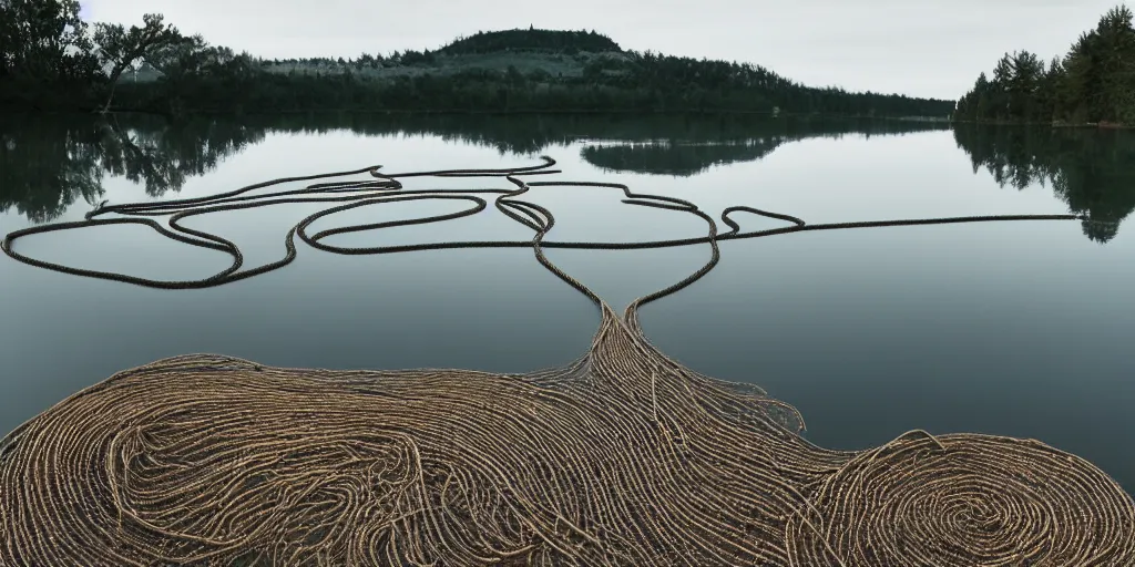 Prompt: centered photograph of a single thick infinitely long rope zig zagging snaking across the surface of the water into the distance, floating submerged rope stretching out towards the center of the lake, a dark lake on a cloudy day, color film, gravel shore foreground and trees in the background, hyper - detailed photo, anamorphic lens