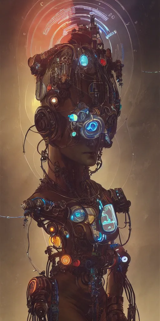 Image similar to ultra detailed, one photorealistic cyberpunk character, poster, sci fi, cybernetic, wires, robotics, by alfons maria mucha, ultra realistic illustration, high detailed, 4 k, hd, high quality