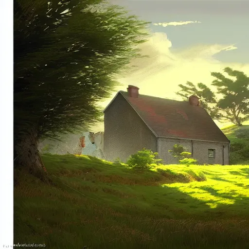 Image similar to irish homestead in the countryside amidst rolling hills, highly detailed, digital painting, concept art, sharp focus, by makoto shinkai