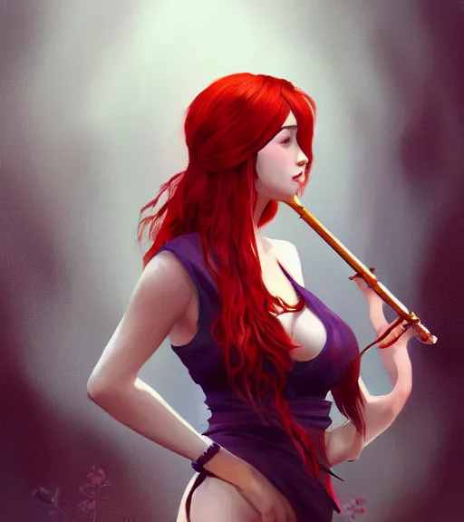 Image similar to a woman playing flute, full body shot, red hair, highly detailed, digital painting, artstation, concept art, smooth, sharp focus, illustration