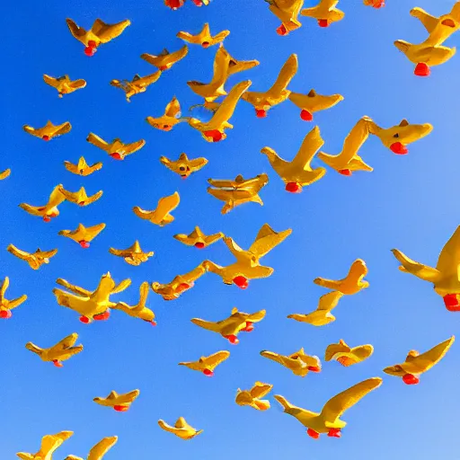 Prompt: photograph of rubber ducks flying in the sky