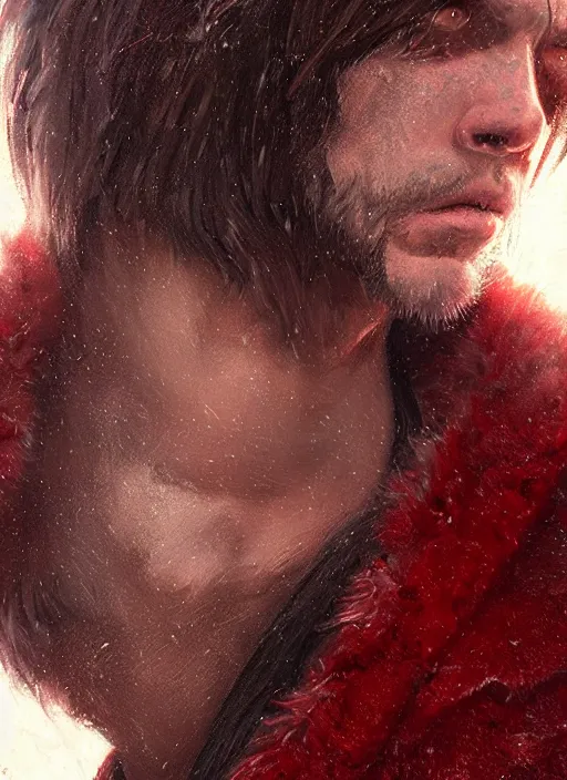 Prompt: portrait of a medieval man in a torn red fur coat, highly detailed, fantasy, godrays, cinematic lighting, close up, volumetric, realistic, digital art by greg rutkowski