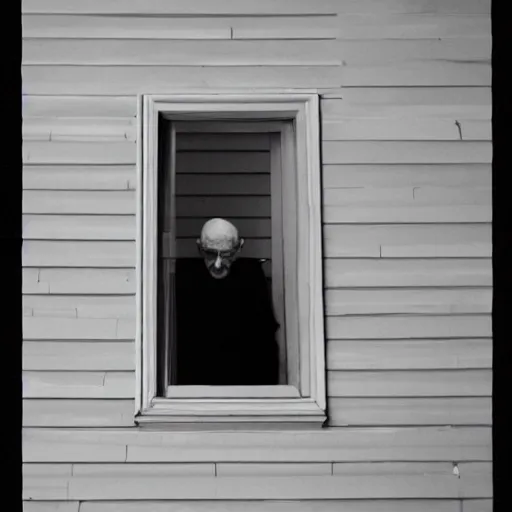 Image similar to a featureless old man seen through a window