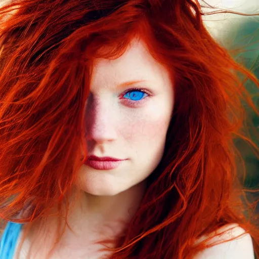 Image similar to Close up 35mm nikon photo of the left side of the head of a redhead photomodel with gorgeous blue eyes and wavy long red hair, who looks directly at the camera. Whole head visible and covers half of the frame,.