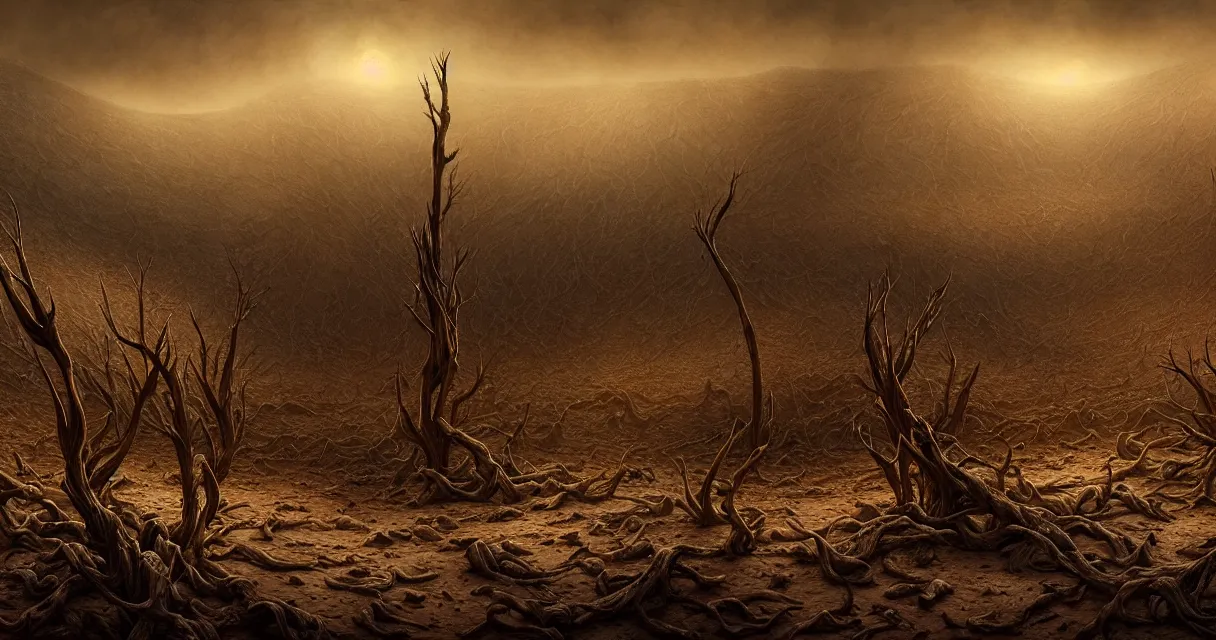 Prompt: epic professional digital art of hungry barren desert with dessicated forest, faint golden moody atmospheric lighting, painted, intricate, detailed, detailed, foreboding, by leesha hannigan, wayne haag, reyna rochin, ignacio fernandez rios, mark ryden, iris van herpen,, epic, stunning, gorgeous, much wow, cinematic, masterpiece.