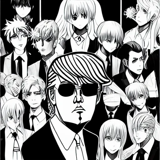 Image similar to trump as anime character cover monochrome stylish art station
