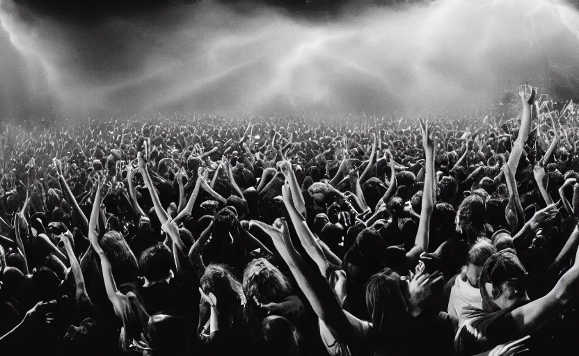 Prompt: black and white picture of a moshpit during a rock concert with red liquid being spelt all over the crowd, Cinestill 800t 18mm, heavy grainy picture, very detailed, high quality, 4k panoramic, HD criterion, dramatic lightning