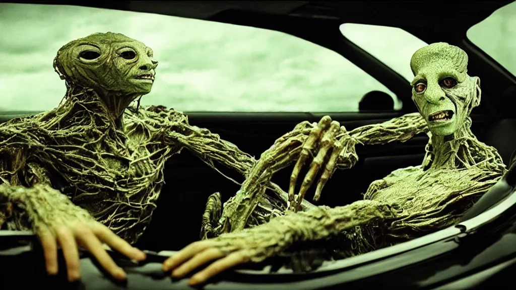 Image similar to the creature sits in a car, made of wax and metal, they vibin', film still from the movie directed by Denis Villeneuve and David Cronenberg with art direction by Salvador Dalí, wide lens