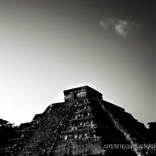 Image similar to sunset over the ruins of the Mayan pyramids, epic, high contrast, sharp focus, landscape