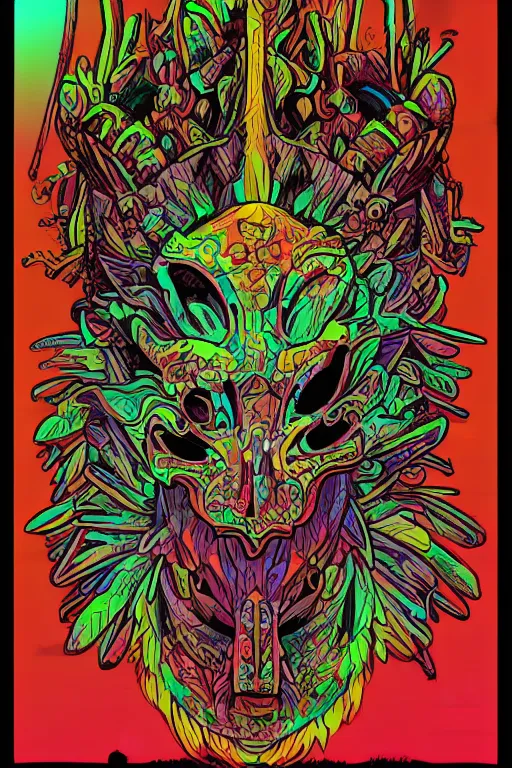 Image similar to animal mask totem roots flower tribal feather gemstone plant wood rock shaman vodoo video game vector cutout illustration vivid multicolor borderlands comics by josan gonzales and dan mumford radiating a glowing aura