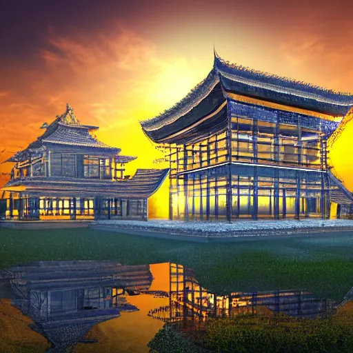 Prompt: photo realistic illustration of a giant temple made of glass, transparent building, huge glass structure, anciant temple made of glass, binary sunset, fractal lighting, two suns, russian temple, mystic, rgp artwork