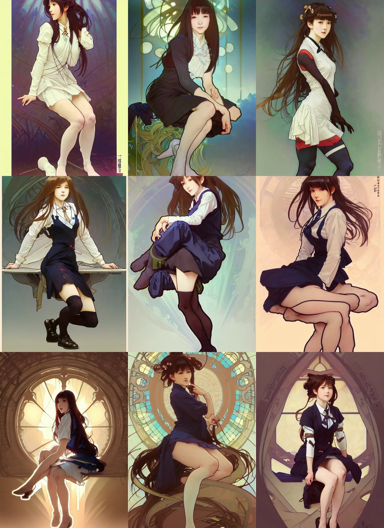 Prompt: a digital concept art by artgerm and greg rutkowski and alphonse mucha. full body!! clear portrait of a squatting attractive japanese school girl in uniform!! sit on floor!! knee length stockings ， school bag, light effect. hyper detailed, character concept, glowing lights!! intricate, elegant, digital painting, artstation, smooth, sharp focus