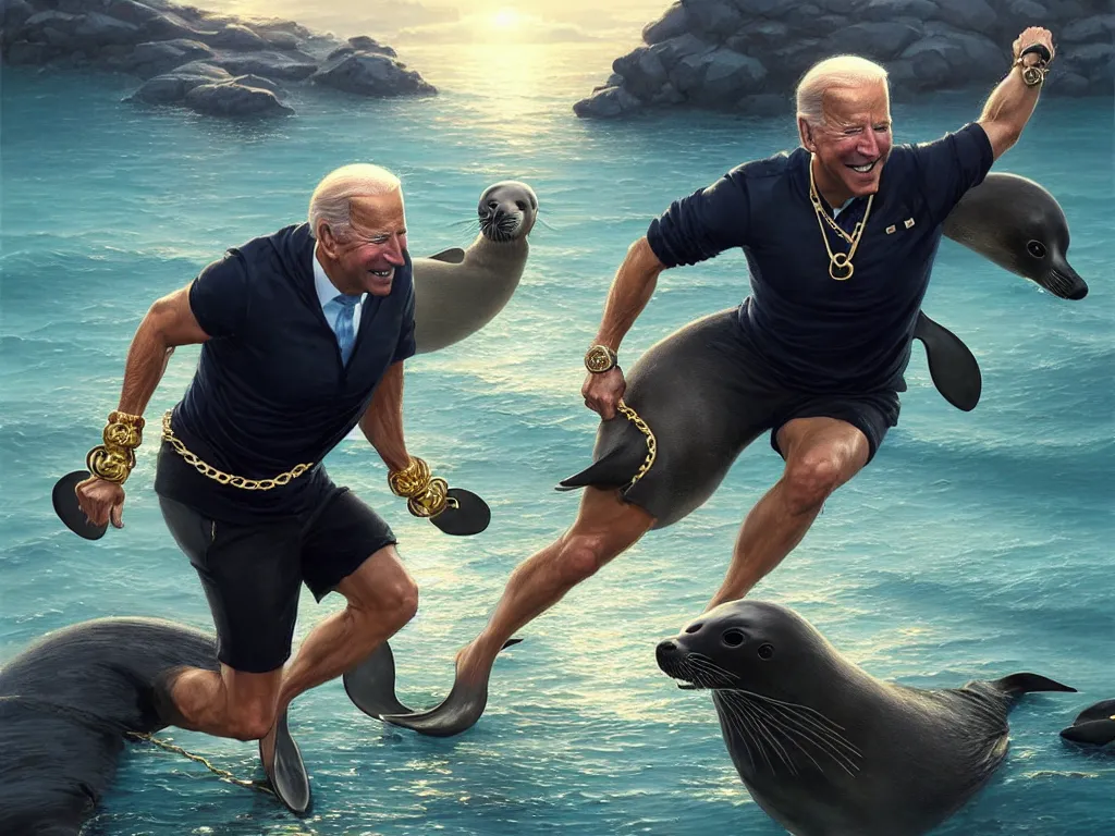 Image similar to joe biden wearing cycling shorts and gold chains surrounded by seals, elegant, real life skin, intricate, high detailed, artstation, concept art, smooth, sharp focus, art by artgerm and greg rutkowski