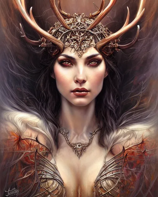 Image similar to a female sorceress with antlers by karol bak and vargas, beautiful detailed eyes, cute, fantasy, intricate, elegant, highly detailed, digital painting, 4 k, hdr, concept art, detailed jewelry, smooth, sharp focus, illustration, art by artgerm