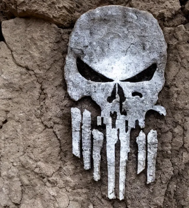 Image similar to punisher symbol carved deeply into stone edifice in the ancient ruins with luminous smoke and light rays.