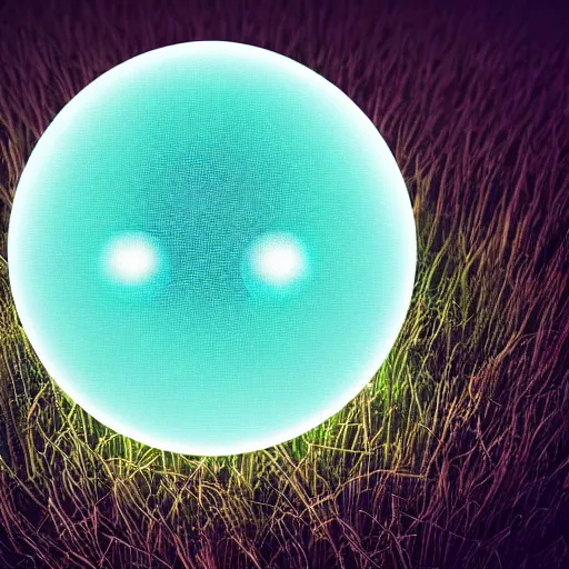 Prompt: a 8k concept illustration of a large glowing ball, superimposed over an 8k field of grass. The surface of the sphere glows softly in the shape of an hourglass, and has a filigree texture that gives the impression of swirling leaves or butterflies.