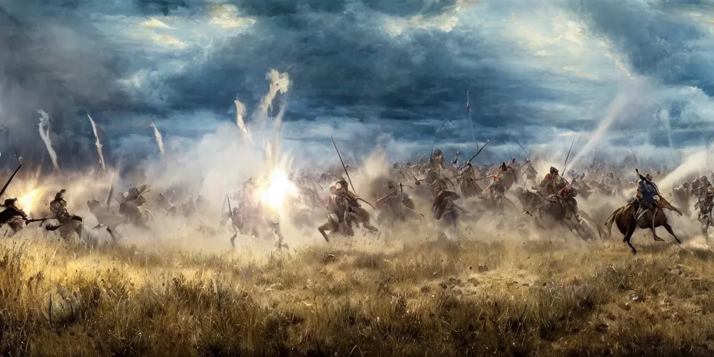Prompt: wide - angle action shot from the battle of little bighorn ( 1 8 7 6 ), majestic action, cinematic lighting, dramatic lighting, hyperdetailed, artstation, cgsociety, 8 k, imax 7 0 mm