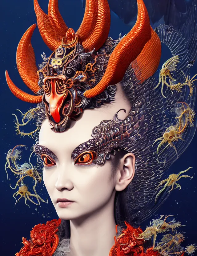 Image similar to 3 d goddess close - up profile satan biohazard portrait with crown, ram skull. beautiful intricately detailed japanese crow kitsune mask and clasical japanese kimono. betta fish, jellyfish phoenix, bio luminescent, plasma, ice, water, wind, creature, artwork by tooth wu and wlop and beeple and greg rutkowski