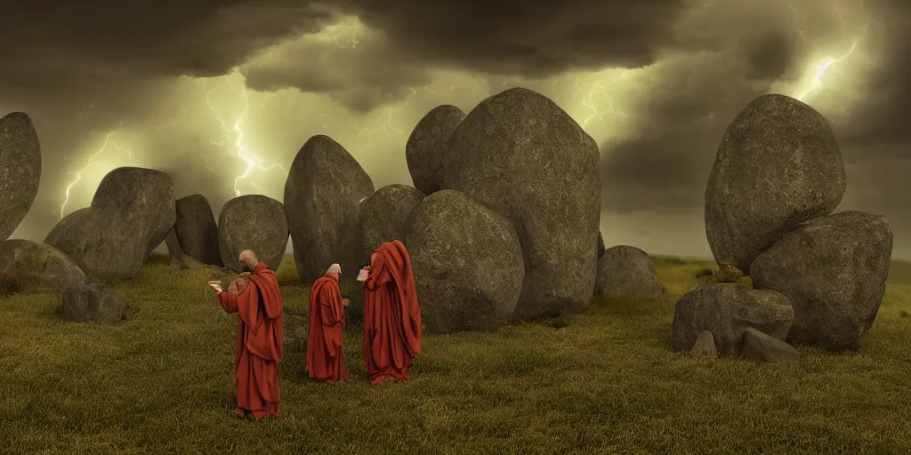 Image similar to photorealistic strange dark monks perform a ritual. magical symbols float above them. epic landscape with magically floating rocks, with ominous storm clouds, strange levitating stones, stones falling from the sky, a gentle rising mist. occult photorealism, uhd, amazing depth, glowing, golden ratio, 3 d octane cycle unreal engine 5, volumetric lighting, cinematic lighting, alphonse mucha