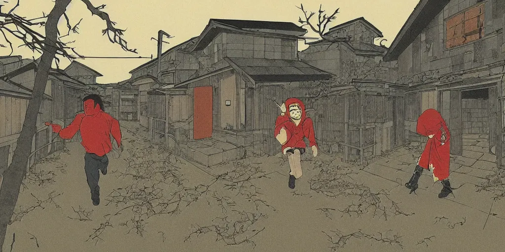 Prompt: japanese illustration of an apocalyptic scene, a man sneaking through an abandoned rural modern village, stephen king atmosphere, 1 9 8 0 s japanese illustrator art, masterpiece