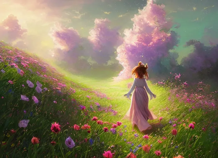 Image similar to a alone princess walks through a vast flower field in the cosmic sky by vladimir volegov and alexander averin and peder mørk mønsted and ross tran and raphael lacoste